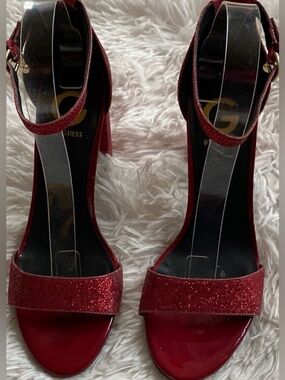 Guess red glitter low stacked heel strap ankle wrapped party sandals